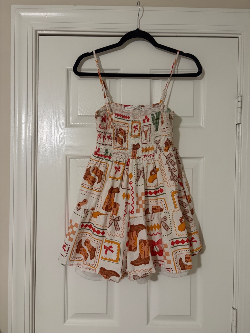 Smocked Country Cowboy Print Sundress - White with Brown & Red Accents